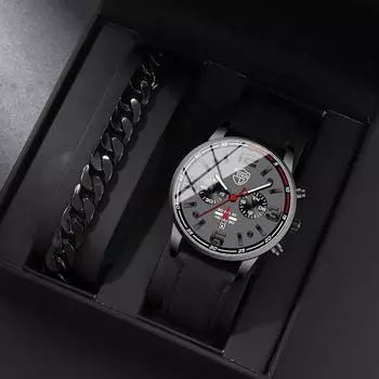 Набор из 2 предметов DEYROS, модные мужские часы, роскошные мужские часы с кожаным ремешком и календарем, повседневные мужские кварцевые часы и браслет, мужские подарки