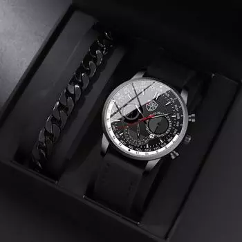 Набор из 2 предметов DEYROS, модные мужские часы, деловые, с кожаным ремешком, календарные часы, спортивные, мужские кварцевые часы и браслет, мужской подарок