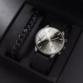 Набор из 2 предметов DEYROS, модные мужские часы с простым кожаным ремешком, календарем, мужские спортивные кварцевые часы, мужские подарки