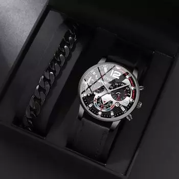 2PCS Set DEYROS Fashion Men s Watch Luxury Leather Strap Calendar Men s Watch Casual Men s Quartz Watch&Bracelet The Best Gift For Men