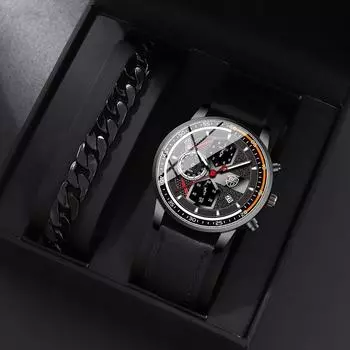 Набор из 2 предметов DEYROS Luxury Men s Watch Luxury Men s Watch с кожаным ремешком и календарем Casual Men s Quartz Watch & Bracelet Gift to Father s Day