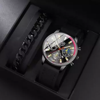 2PCS Set DEYROS Luxury Men s Watch Business Men s Leather Strap Calendar Watch Casual Men s Quartz Watch&Bracelet Father s Day Gift