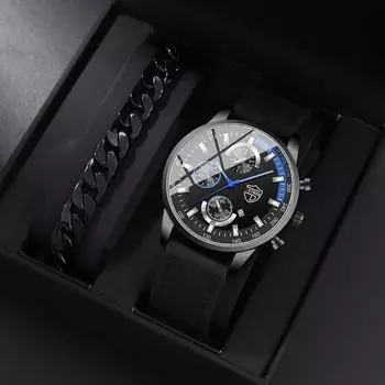 2PCS Set DEYROS Luxury Men s Watches Fashion Men s Leather Strap Calendar Watches Business Men s Watches Men s Gifts