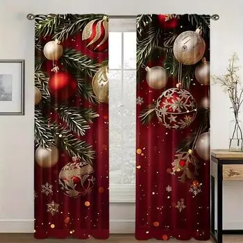2pcs Set Digital Print Red Christmas Ball Pattern Curtains for Living Room Polyester Drape Window Curtains Christmas Decoration 2x50W130H(CM)40x51in&Hook