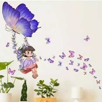 2Pcs/Set Fashion Cartoom PVC Butterfly Wall Decal Little Girl Pattern Background Sticker Decoration Household Supplies