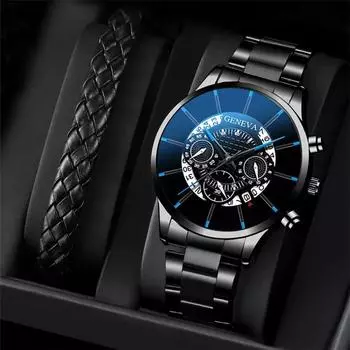 2 шт./комплект модные классические мужские черные часы набор мужские деловые кварцевые часы из нержавеющей стали мужские наручные часы с календарем кожаный браслет