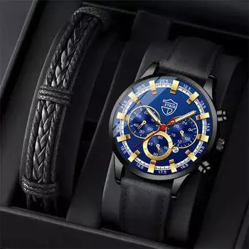 2PCS Set Fashion Men s Business Leather Calendar Watch Men s Fake Three Eyes Luminous Quartz Watch & Bracelet, Men s Gifts