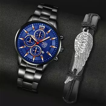 2pcs/set Fashion Men s Calendar Watch, Men s Business Stainless Steel Quartz Watch & Bracelet Necklace Set