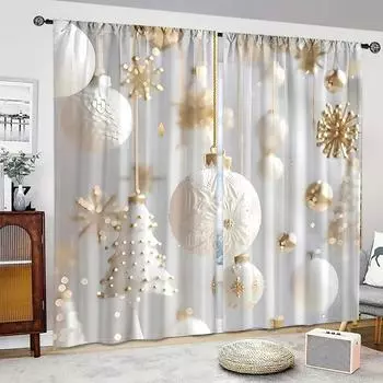 Комплект из 2 шт., праздничные рождественские шторы из мягкой бархатной ткани с цифровой печатью и карманами на штанге, дизайнерские шторы для гостиной W200H220cm(78x86in)&Rod Pocket белый