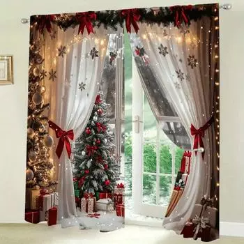 2pcs Set Festive Christmas Curtains - Snowflake & Elf Design, Light-Blocking Polyester Drapes for Living Room, Bedroom, Kitchen, 50W160H(CM)x2Panel&Hook