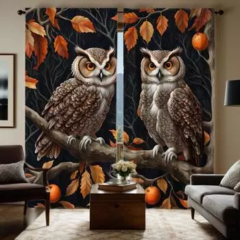 2pcs set HD branches on the owl decorative curtain Black tie digital printed curtain Home decoration style decoration living W52H63inchW132H160cm