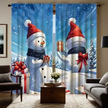 2pcs set HD Christmas gift snowman decoration curtain Blue tie digital printed curtain Home decoration style Decoration livin W52H63inchW132H160cm