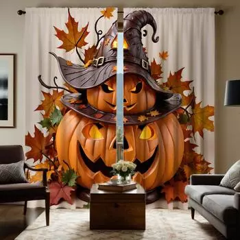 2pcs set HD Halloween pumpkin Ghost Maple Leaf curtain Yellow tie digital printed curtain Home Decor style Decorate living ro W52H63inchW132H160cm