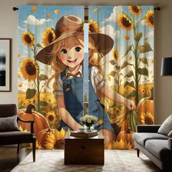2pcs set HD Harvest Festival Sunflower Garden girl curtain Yellow tie digital printed curtain Home decor style Decorate livin W52H63inchW132H160cm