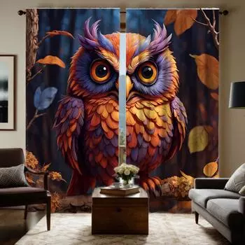 2pcs set HD Owl in the forest decorative curtain Color tie digital printed curtain Home Decoration style Decoration living ro W52H63inchW132H160cm