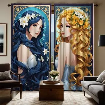 Комплект из 2 предметов, декоративная занавеска в стиле ретро с изображением кудрявой девушки в стиле голубого галстука, с цифровым принтом, украшение для дома, декорированный livi W52H63inchW132H160cm