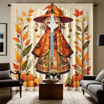 2pcs set HD Thanksgiving Cartoon Girl pumpkin decorative curtain Yellow tie digital printed curtain Home Decoration style Dec W52H63inchW132H160cm