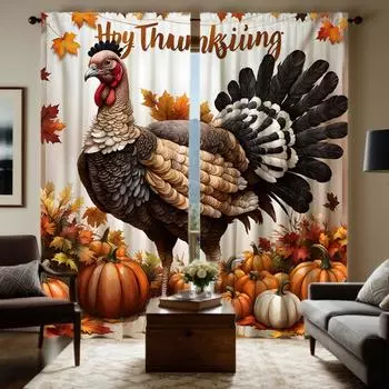 2pcs set HD Thanksgiving Turkey pumpkin Maple Leaf decorative curtain Yellow tie digital printed curtain Home decor styl W52H63inchW132H160cm