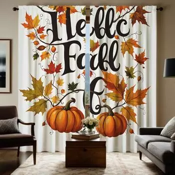 2pcs set HD Thanksgiving Yellow pumpkin and maple leaf decorative curtain White tie digital printed curtain Home Decor style W52H63inchW132H160cm