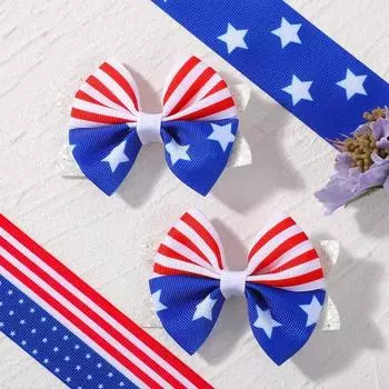 2pcs/set Independence Day Hair Bows Clips for Women Girls Glitter Star Ribbon Bowknot Hairpin American Flag Hair Accessories