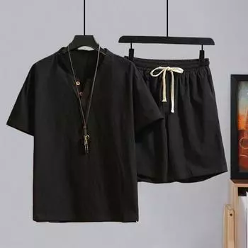 2 шт./комплект мужской повседневный наряд футболка с V-образным вырезом на пуговицах с коротким рукавом на талии эластичный вырез на шее регулируемые шорты на шнурке однотонная спортивная одежда XL чёрный