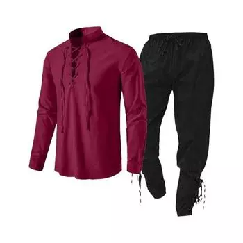 2 шт./комплект мужской ретро-наряд с воротником-стойкой и длинными рукавами, эластичный пуловер, топы с завязками на талии, манжеты, брюки, комплект для выступления на сцене L красный