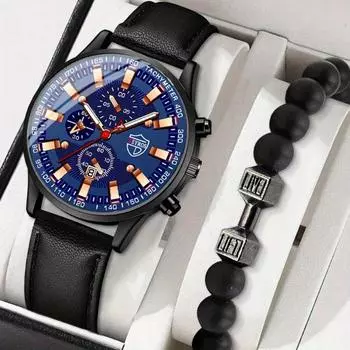 2 шт./комплект мужские деловые кварцевые часы с циферблатом даты из искусственной кожи наручные часы и браслет, День отца День святого Валентина подарки для него