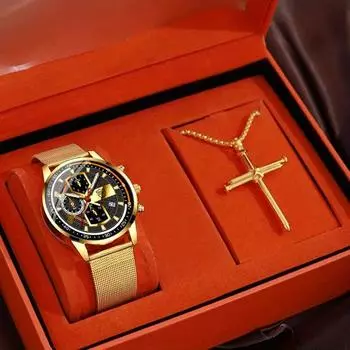 2 шт./комплект мужские деловые спортивные кварцевые часы из нержавеющей стали наручные часы с сетчатым ремешком и крестом на шее, подарок на День отца и День святого Валентина для него