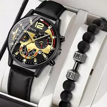 2pcs/set Men s Business Sports Quartz Watch Creative Date Dial PU Leather Wrist Watch & Bracelet, Father s Day Valentine s Day Gifts for Him