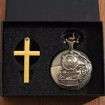 2pcs/set,men s pocket watches 1PC Men s Retro Fashion Bronze Color Quartz Pocket Watch with Necklace&1PC Classic Golden Cross Necklace,Ideal for Gifts