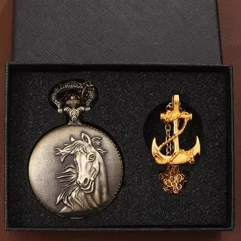 2 шт./комплект, мужские карманные часы, 1 шт. мужские модные кварцевые карманные часы с ожерельем в виде лошади и 1 шт. повседневные классические золотые карманные часы, идеально подходят для подарков