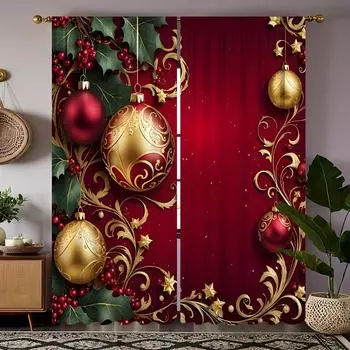 2pcs Set of Festive Christmas Curtains with Red Green Ornaments Digital Printed, Rod Pocket Design for Living Room Bedroom Decor (W50cmxH130cm)x2&Rod Pocket