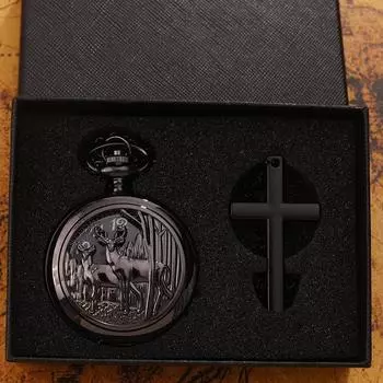 2 шт./комплект, ретро модные мужские черные карманные часы, винтажные кварцевые карманные часы Deep Forest Deer для мужчин и женщин и 1 шт. классическое ожерелье с крестом