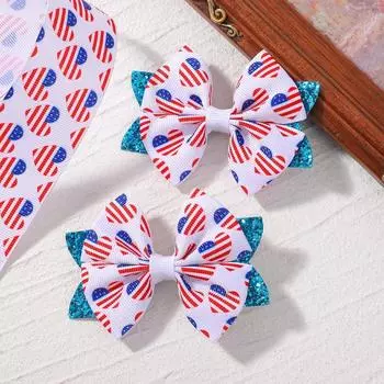 2pcs/set Ribbon Hair Bows Clips for Girls 3D Print Star Bowknot Hairpin Headwear July 4th Independence Day Hair Accessories