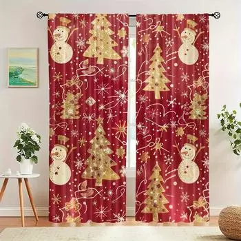 2pcs Set Snowman Christmas Tree Semi-Blackout Curtains Heat Insulating Rod Pocket Design for Bedroom Living Room Machine Washabl (W50cmxH130cm)x2&Rod Pocket