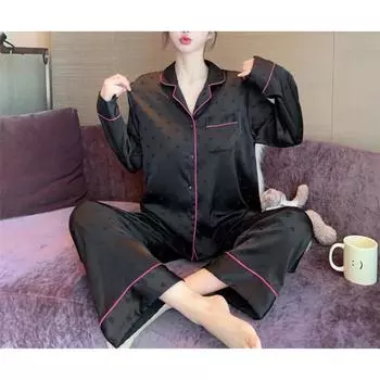 Комплект из 2 предметов, весна-осень, любовь, жаккардовая шелковая пижама, женская, с длинным рукавом, простая пижама, домашняя одежда для девочек, черная ночная рубашка, одежда для отдыха M чёрный