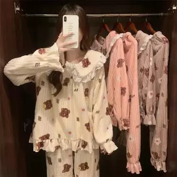 2Pcs/set Student Pajamas Bear Peach Coral Fleece Thickened Warm Women s Pajamas Fall and Winter Women s Home Wear Campus Pajamas Average(40-70KG) розовый