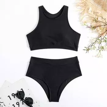 2Pcs/Set Women Bikini Set O-Neck Sleeveless Racerback Pads Swimming Suit Solid Color Vest High Waist Briefs Set Swimwear S чёрный