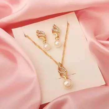 2Pcs/Set Women Jewelry Set Imitation Pearl Rhinestones Inlaid Necklace Drop Earrings Set серебряный