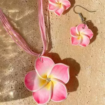 2Pcs/Set Women Jewelry Set Large Flower Pendant Necklace Drop Earrings Set Soft Ceramic красный