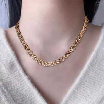 2Pcs/Set Women Jewelry Set Leaves Shape Rhinestone Inlaid Adjustable Length Necklace Bracelet Set розового золота