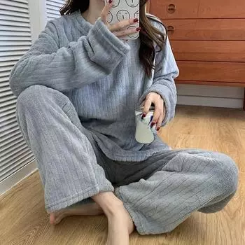 2pcs/Set Women s Pajamas Fall and Winter Coral Velvet Padded Thickened Warm Home Wear Plus Size Student Pajamas Long Pants Long Average серый