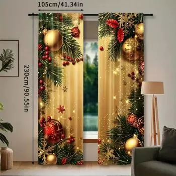 2pcs Set Yellow Christmas Curtains Digital Printed Polyester Drapes for Living Room, Kitchen, Bedroom Rod Pocket Design 2x50W160H(CM)40x63in&Hook