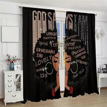 2pcs Shiny Black Girl Lovely Beautiful Princess Window Curtains Polyester Material Suitable For Living Room Bedroom Kitchen Door W50 X H130(CM)X2&Hook