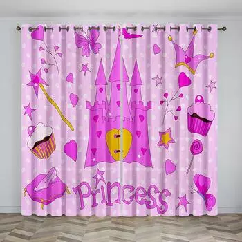 2PCs Simple Rod Pocket kids Cartoon Princess Castle Curtains, Suitable For girl s Living Room, Office Home , Bedroom Decoration Small2x25W60H(CM)&Hook