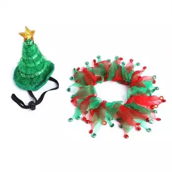 2Pcs Small Dogs Cat Tutu Collar and Hat Set Elf Hat Kitten Outfit Clothing Cat 2pcs set
