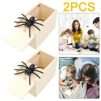 2Pcs Spider Wooden Box Funny Play Joke Toy Durable Jump Scare Toy for Kid Friend