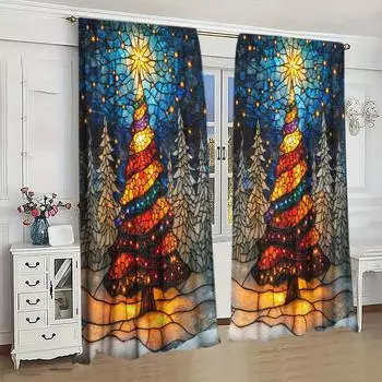 2 шт. Витражные рождественские занавески с принтом для рождественского декора дома - Карманные оконные украшения для спальни, офиса, кухни 52.5cmX116cm X 2pcs