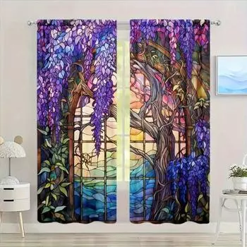 2pcs Stained Glass Flower Wisteria Printed Curtain For Home Decor Rod Pocket Window Treatment For Bedroom, Living Room 2x50W160H(CM)40x63in&Hook