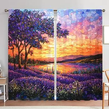 2pcs Stained Glass Purple Lavender Printed Curtain for Home Decor - Rod Pocket Window Treatment for Bedroom, Office, Kitchen 52.5cmX116cm X 2pcs